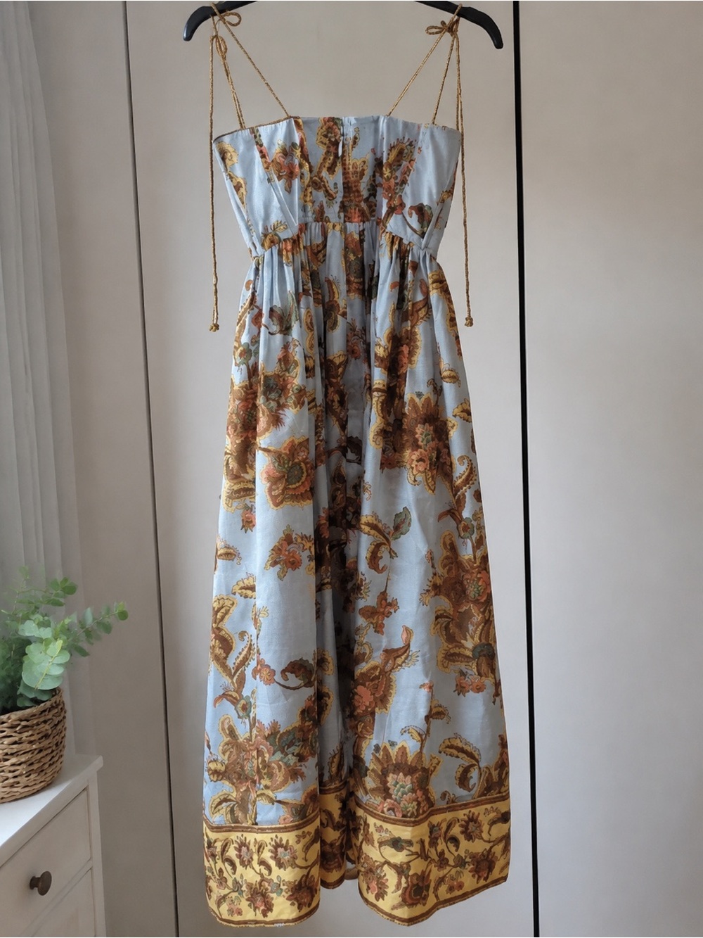 Zimmerli Pale Blue Midi Dress with Rust Floral Print and Tie Straps - Picture 3 of 4